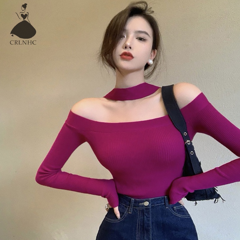 Crlnhc Áo sweater Dệt Kim Trễ Vai Tay Dài Màu Trơn Dáng Ôm Gợi Cảm Thời Trang Mùa Thu Cho Nữ vn