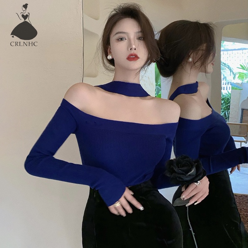 Crlnhc Áo sweater Dệt Kim Trễ Vai Tay Dài Màu Trơn Dáng Ôm Gợi Cảm Thời Trang Mùa Thu Cho Nữ vn
