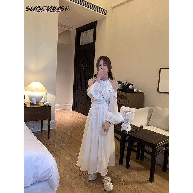 Đầm SUGEMIUSI dáng dài hở vai phối vải tencel nhẹ nhàng tay dài chiết eo thời trang xuân thu cho nữ