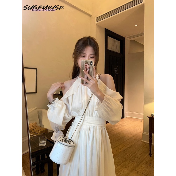 Đầm SUGEMIUSI dáng dài hở vai phối vải tencel nhẹ nhàng tay dài chiết eo thời trang xuân thu cho nữ