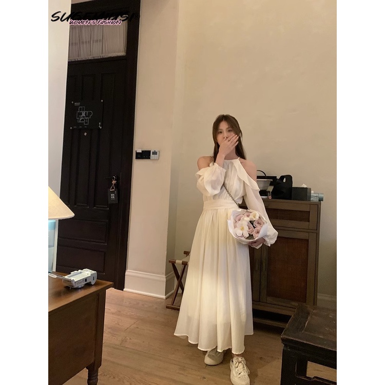 Đầm SUGEMIUSI dáng dài hở vai phối vải tencel nhẹ nhàng tay dài chiết eo thời trang xuân thu cho nữ