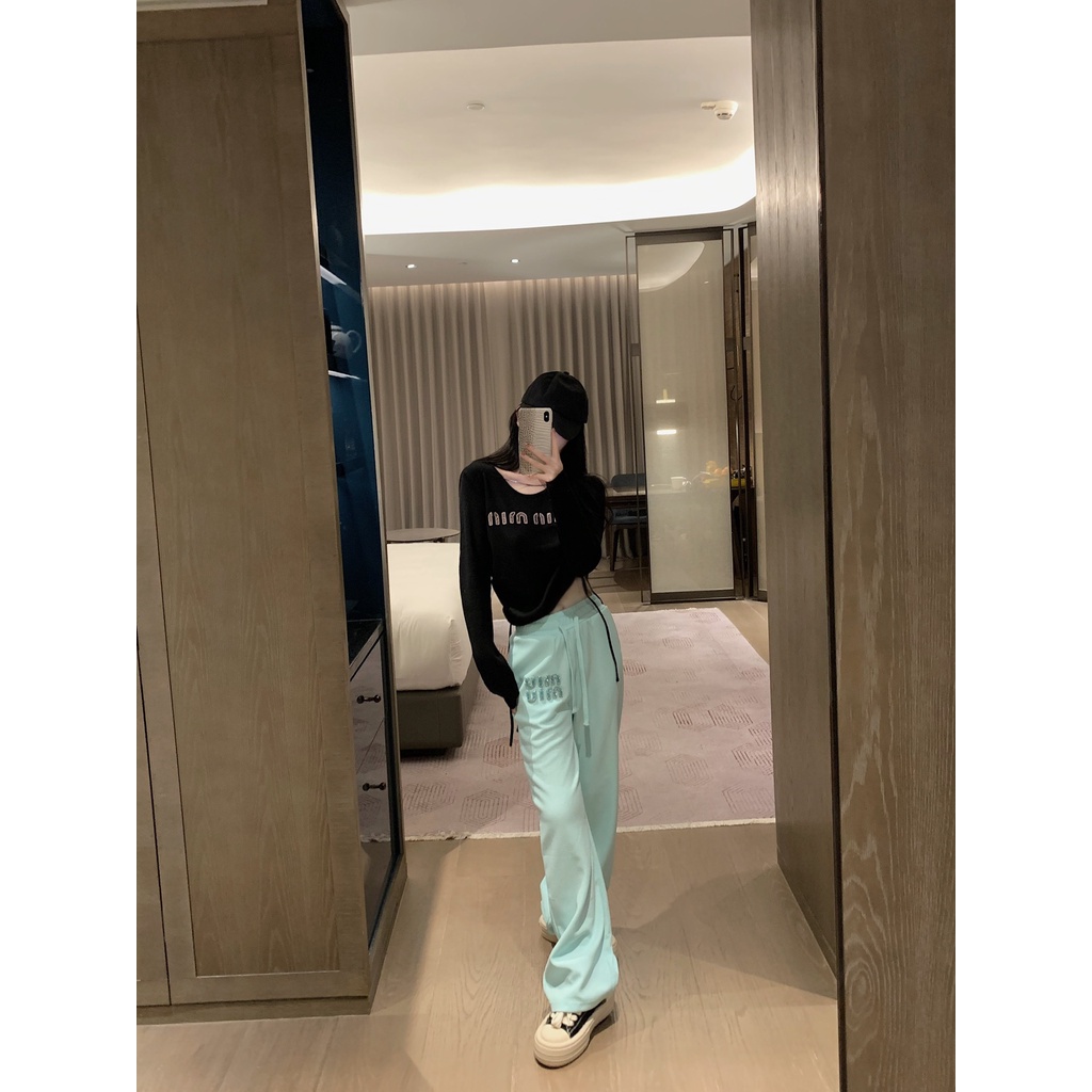 CSHQ MIU MIU 23 autumn and winter New letter embroidery logo decoration niche design fashion all-match waffle casual pants