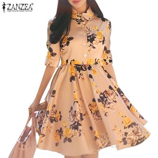 Zanzea Đầm midi Chữ a Tay Ngắn Cổ Lật In Họa Tiết Thời Trang Hàn Quốc Cho Nữ