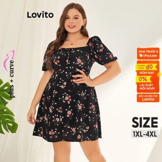 Đầm Lovito plus size họa tiết hoa có dây cột thời trang cho nữ LPS11061 (Đen)