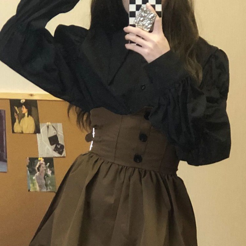 Set Áo Sơ Mi Tay Phồng Và Chân Váy Màu Đen Thời Trang Cho Nữ