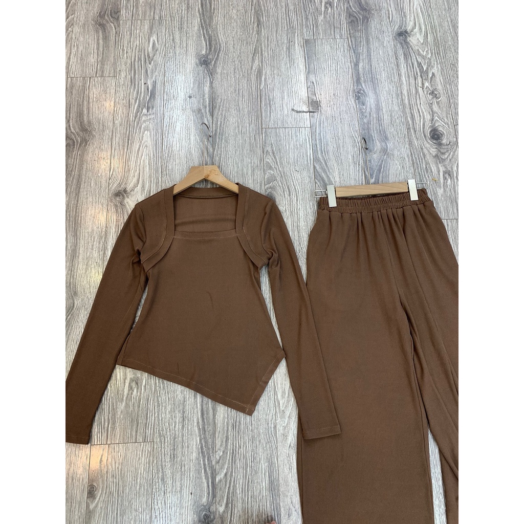 Set áo thun tăm cổ vuông dài tay kèm quần culottes S591 SUSSTORE