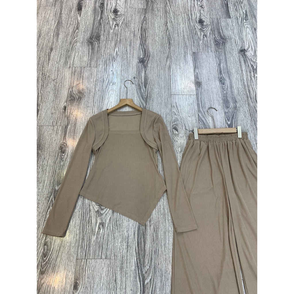 Set áo thun tăm cổ vuông dài tay kèm quần culottes S591 SUSSTORE