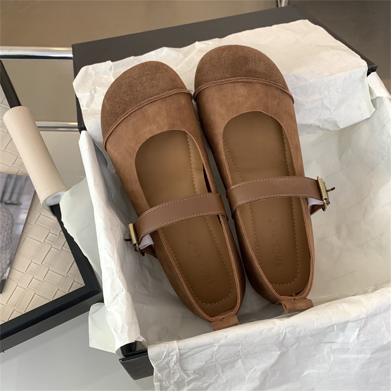 Giày Búp Bê Đế Mềm Phối Nút Phong Cách vintage Pháp