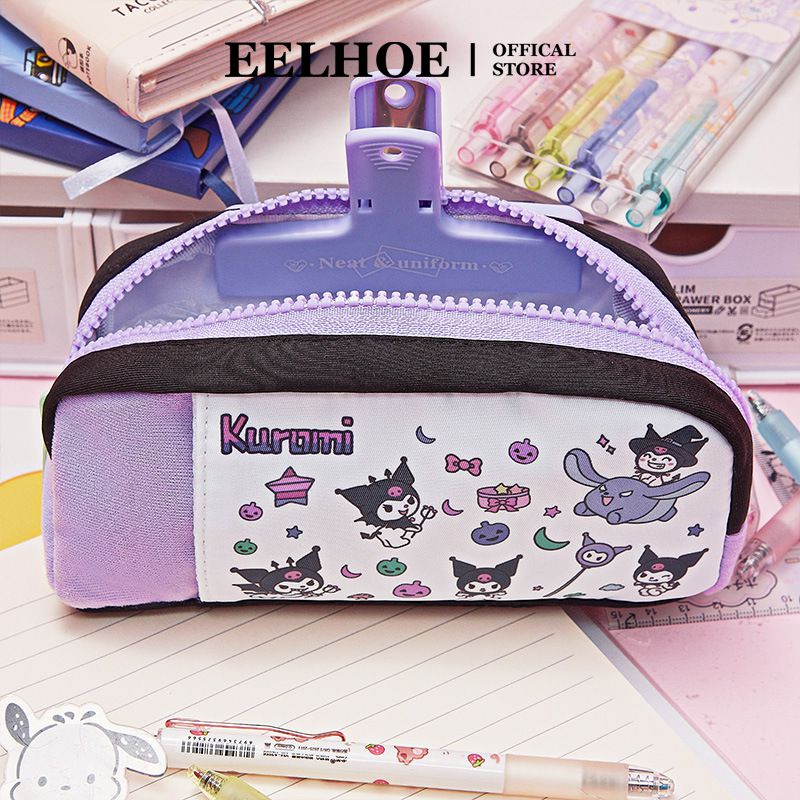 Hộp đựng bút EELHOE màu tím họa tiết Sanrio Kuromi Hello Kitty hoạt hình sức chứa lớn cho văn phòng phẩm/ làm quà tặng