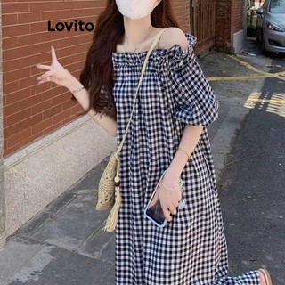 Lovito Váy tay phồng họa tiết kẻ caro đơn giản cho nữ LNA20066 (Đen)