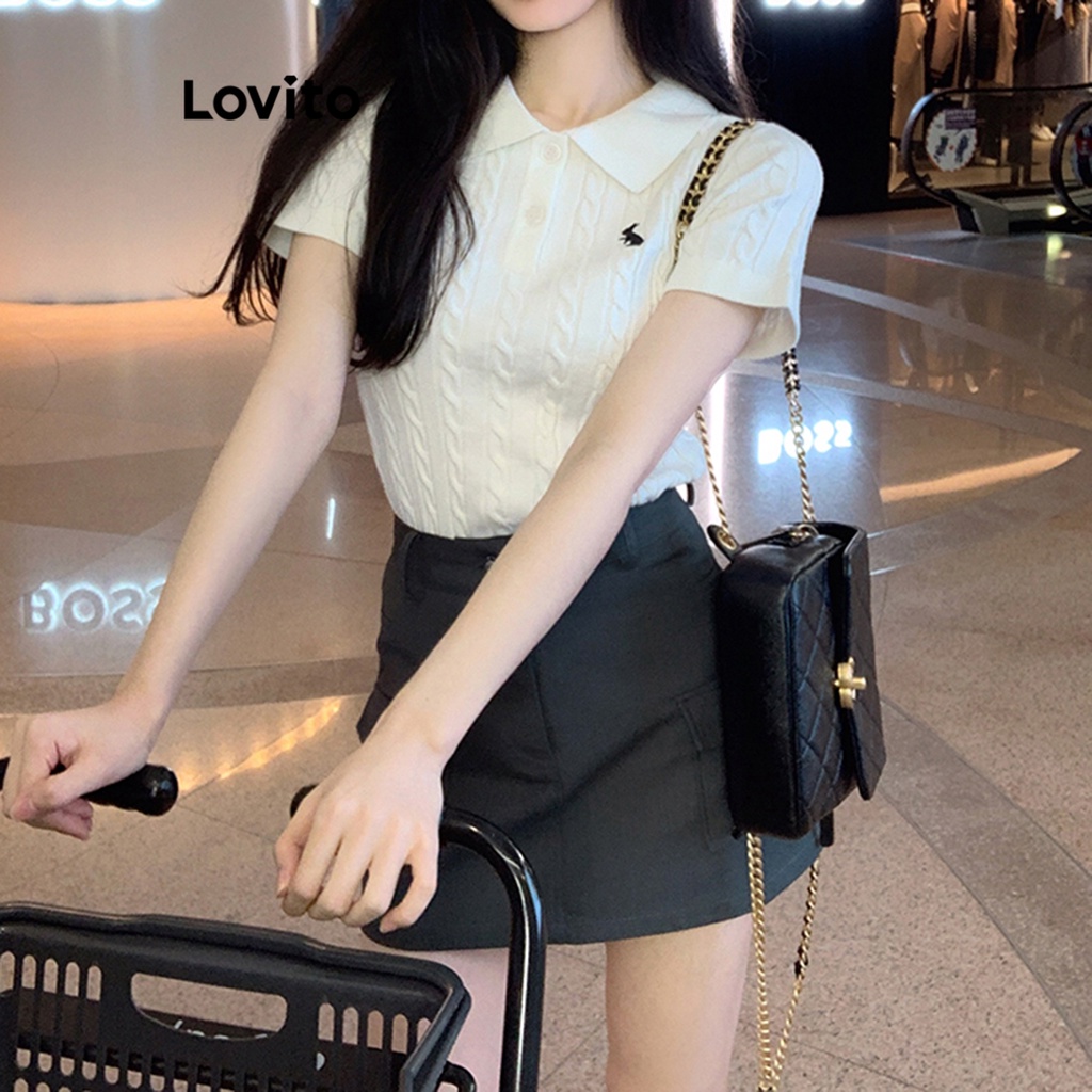 Áo thun Lovito cài nút màu trơn thường ngày cho nữ LNA20082 (Màu xám/ trắng)