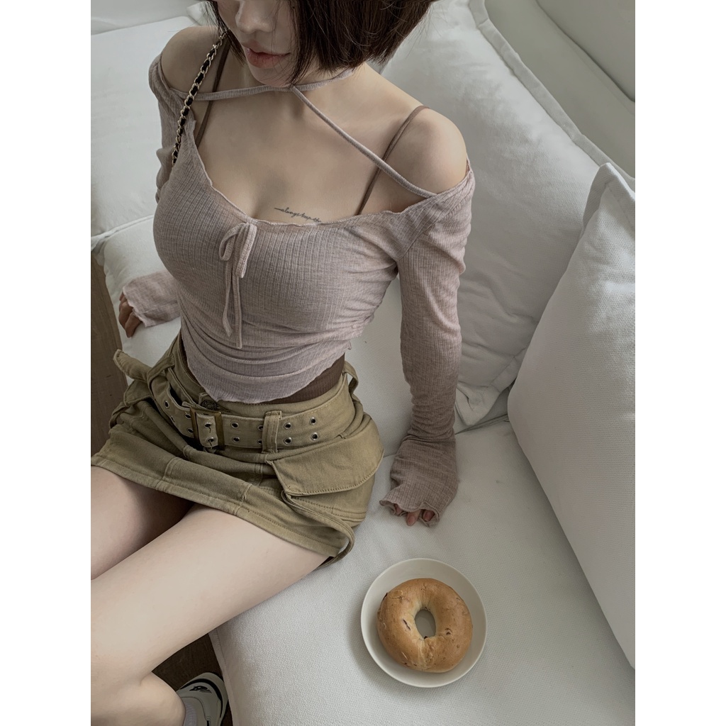 「Nonfatgirl」Set Áo Thun Lửng Tay Dài + Áo Hai Dây Chống Nắng Màu Cà Phê Sữa + Áo Thun Croptop Ôm Dáng Thời Trang Cho Nữ