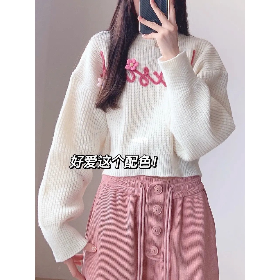 Áo sweater Dệt Kim Tay Dài Cổ Tròn In Chữ Màu Trắng Thời Trang Cho Nữ