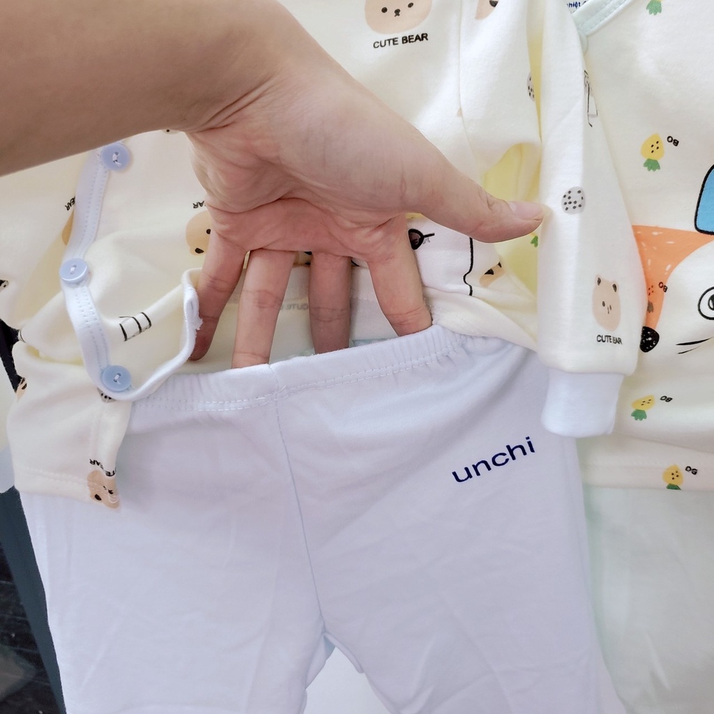 Bộ quần áo cotton nỉ dài tay sơ sinh thu đông Unchi cúc cài lệch quần đáp đũng đóng bỉm cho bé trai bé gái 3-9kg