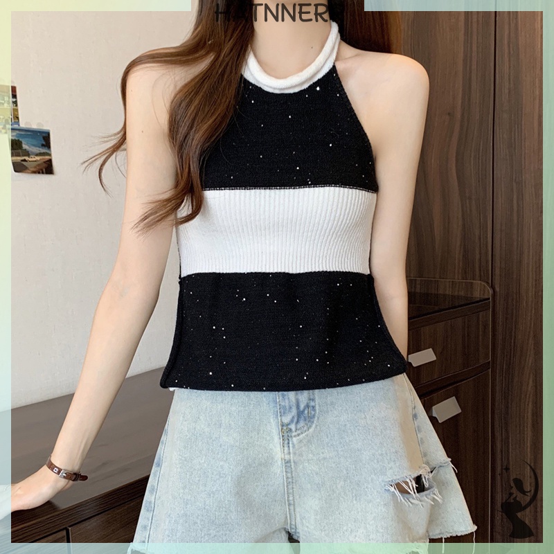 Áo Hai Dây Dệt Kim Hở Lưng Họa Tiết Kẻ Sọc Thời Trang Mùa Hè Quyến Rũ Cho Nữ fhs