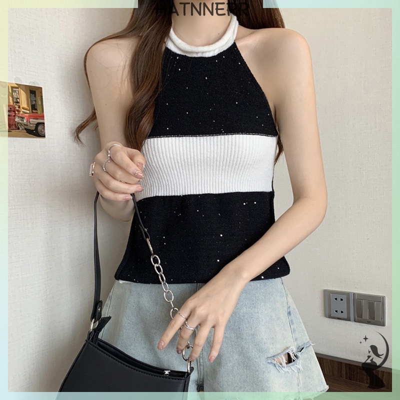 Áo Hai Dây Dệt Kim Hở Lưng Họa Tiết Kẻ Sọc Thời Trang Mùa Hè Quyến Rũ Cho Nữ fhs