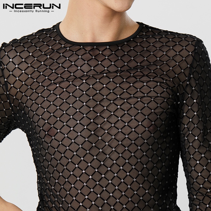 INCERUN Áo Thun Tay Dài Cổ Tròn Phối Lưới Thời Trang vintage Cho Nam