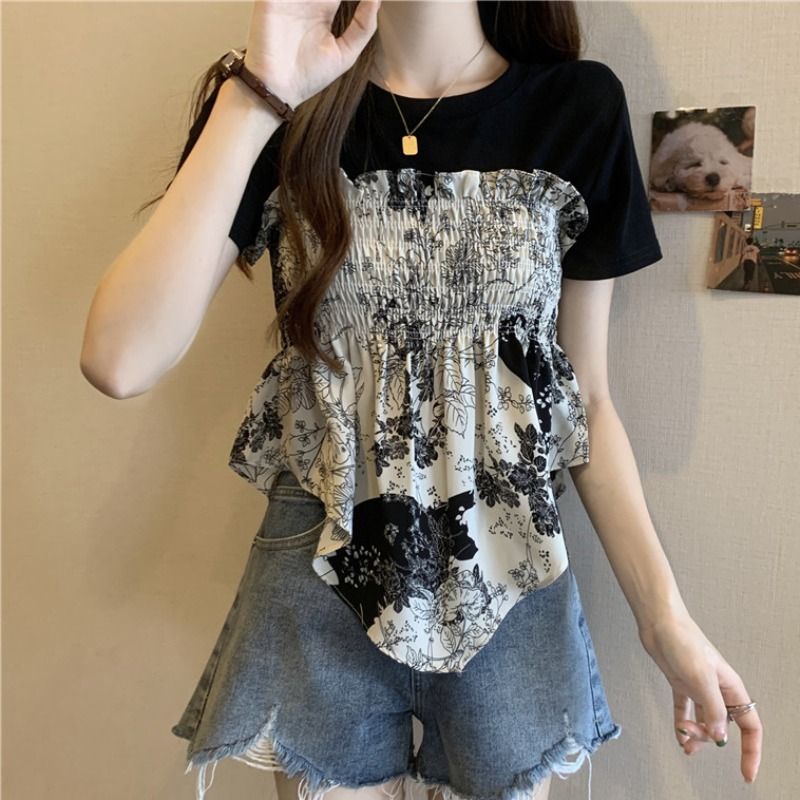 Áo Thun Ngắn Tay Giả Hai Lớp Phong Cách Mới Dành Cho Nữ