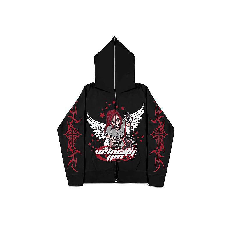 Áo Khoác hoodie Thể Thao y2k grunge Dáng Rộng Có Khóa Kéo In Họa Tiết Hoạt Hình gothic Thời Trang Hàn Quốc