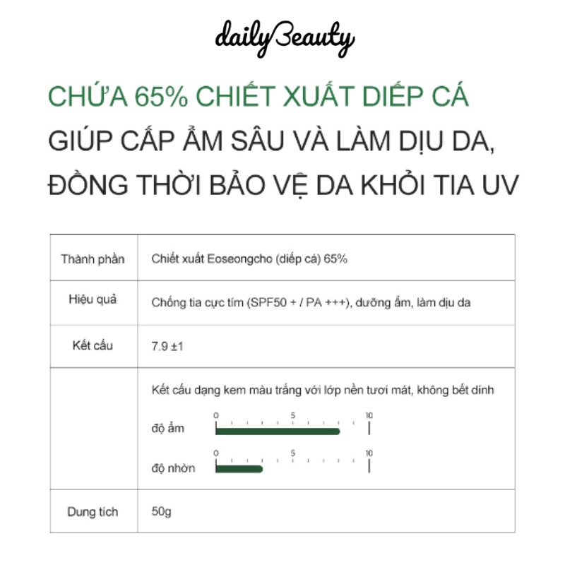 Kem chống nắng diếp cá Derma Factory Houttuynia Cordata 65% Sun Cream 50g Daily Beauty