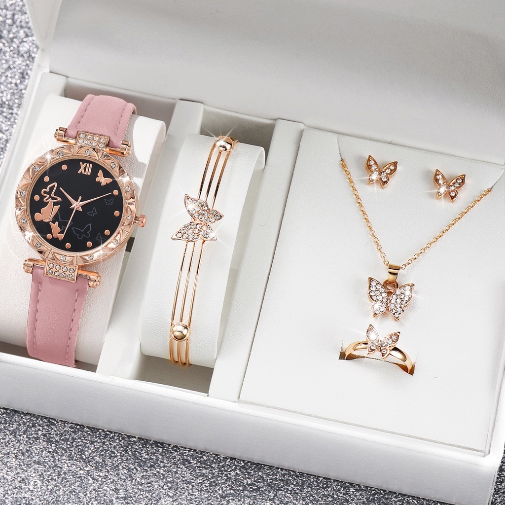 Đồng Hồ Nữ Dây Da Mặt Hình Bươm Bướm Dễ Thương