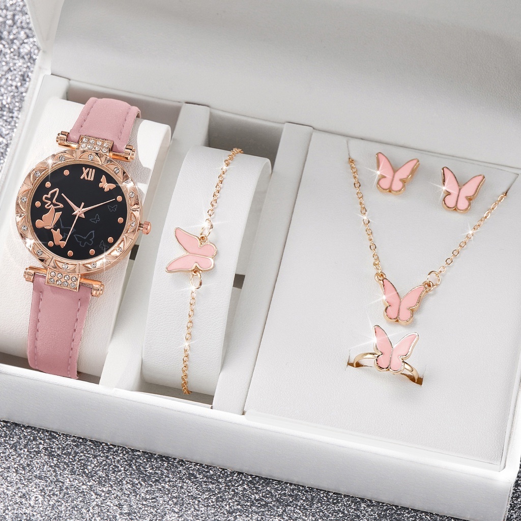 Đồng Hồ Nữ Dây Da Mặt Hình Bươm Bướm Dễ Thương