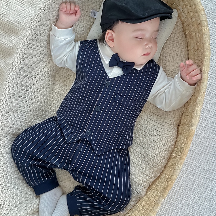 Mới Bộ Áo Liền Quần Tay Dài Bằng cotton Phong Cách Anh Quốc Thời Trang Xuân Thu Cho Bé Trai 0-24 Tháng Tuổi