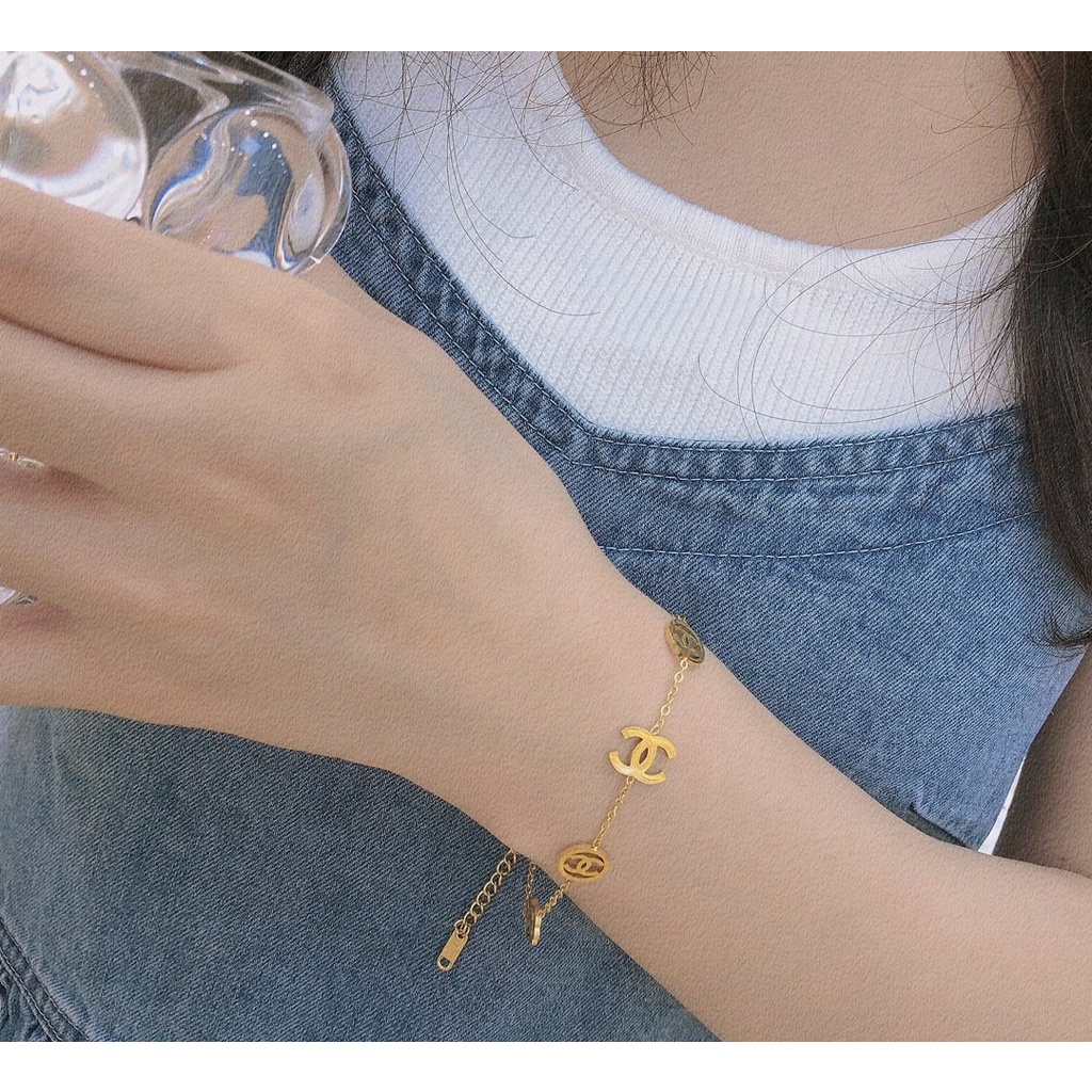 Vòng Tay Dây Xích Bằng Thép Titan Không Gỉ In logo cc Chống Nước Chống Rỉ Sét