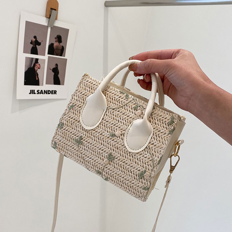 XINYIMEI Túi Rơm Dệt Tay Đeo Vai Nhỏ Xinh Họa Tiết Hoa Tươi Mới Phong Cách Nhật Bản