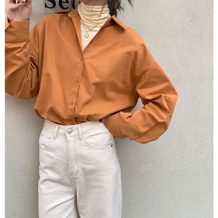 Áo Sơ Mi Trắng / Cam Trơn Tay Dài Dáng Rộng Màu Sắc Đơn Giản Thời Trang Mùa Thu Cho Nữ