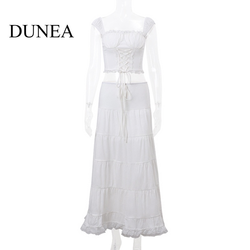 DUNEA Set Áo Cổ Vuông Và Chân Váy Ren Phong Cách Pháp Thanh Lịch Dành Cho Nữ