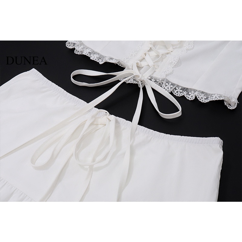 DUNEA Set Áo Cổ Vuông Và Chân Váy Ren Phong Cách Pháp Thanh Lịch Dành Cho Nữ