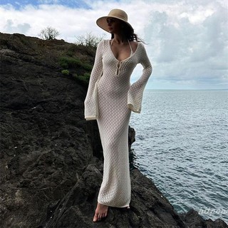 Hitpop-nữ Dài Đan Đầm Màu Trơn Rỗng Cổ Chữ V Sâu Tay Dài Bodycon Đầm Mùa Thu Backless Ngày Lễ