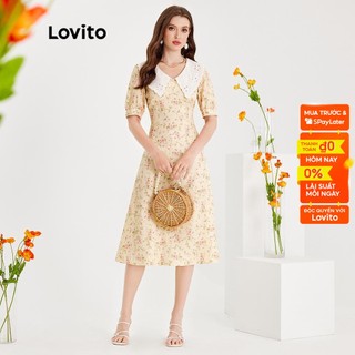 Đầm Lovito tay phồng thêu họa tiết cổ đứng tương phản họa tiết hoa boho cho nữ L51ED133 (màu vàng nhạt)