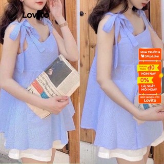 Lovito Bộ quần short xếp nếp xếp ly kẻ sọc phía trước dễ thương L21AS092