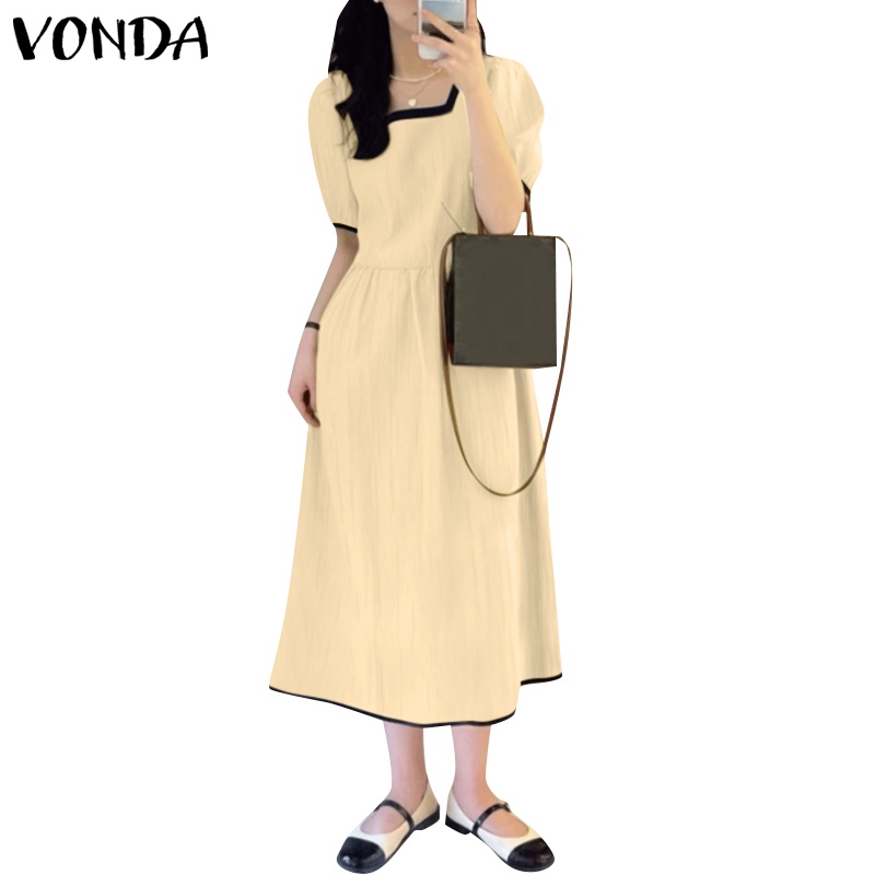 Đầm Dài Cổ Vuông Tay Phồng Ngắn Màu Sắc Tương Phản Phong Cách Hàn Quốc Cho Nữ