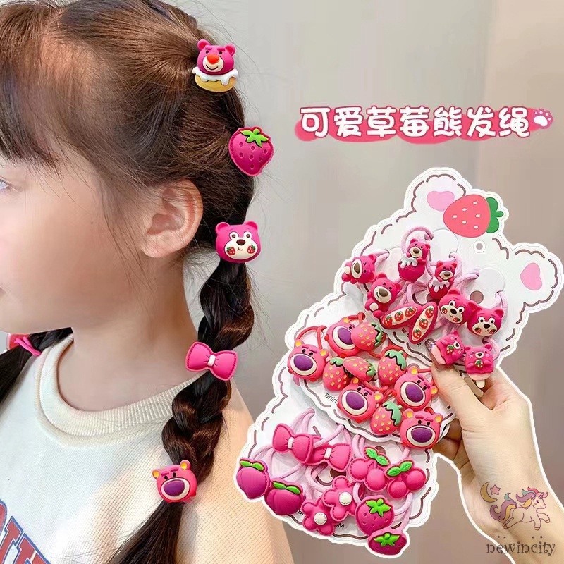 Dây Buộc Tóc Cao Su Co Giãn Hình Gấu Dâu Hoạt Hình Phong Cách Hàn Quốc Cho Bé Gái