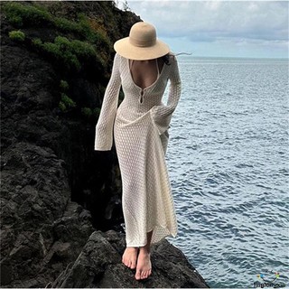 Đầm Dệt Kim Tay Dài Cổ Chữ v Khoét Sâu 2 Màu Sắc Lựa Chọn