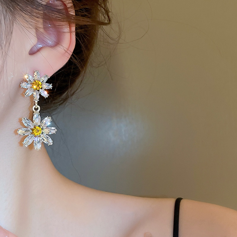 Bông Tai Mạ Bạc 925 Hình Hoa Đính Kim Cương Sang Trọng Phong Cách Hàn Quốc Cho Nữ