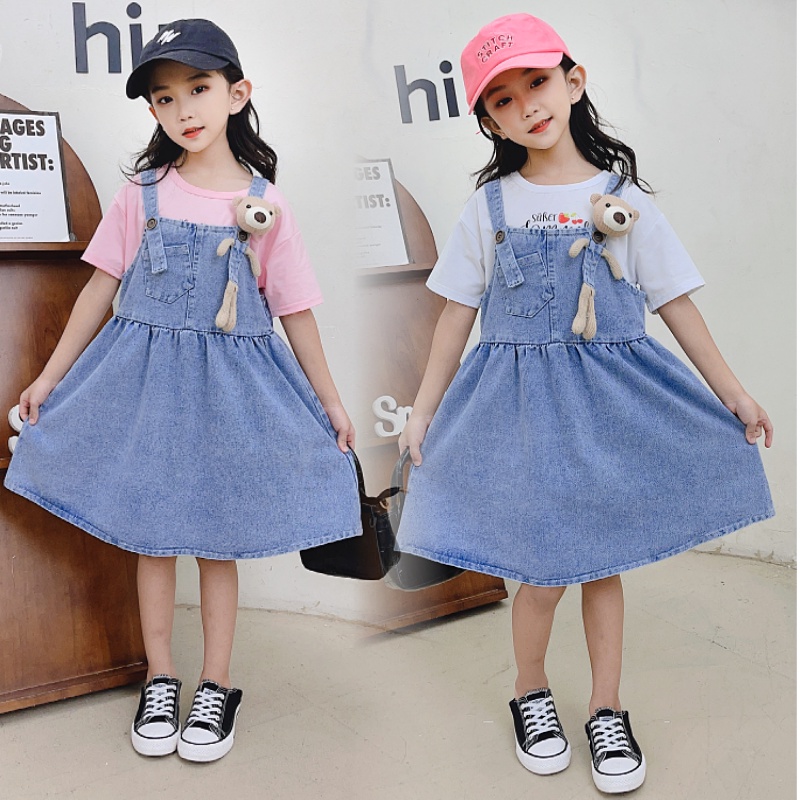 Bộ Áo Thun Tay Dài Kèm Váy Yếm denim 2 Món Thời Trang Hàn Quốc Dành Cho Bé Gái