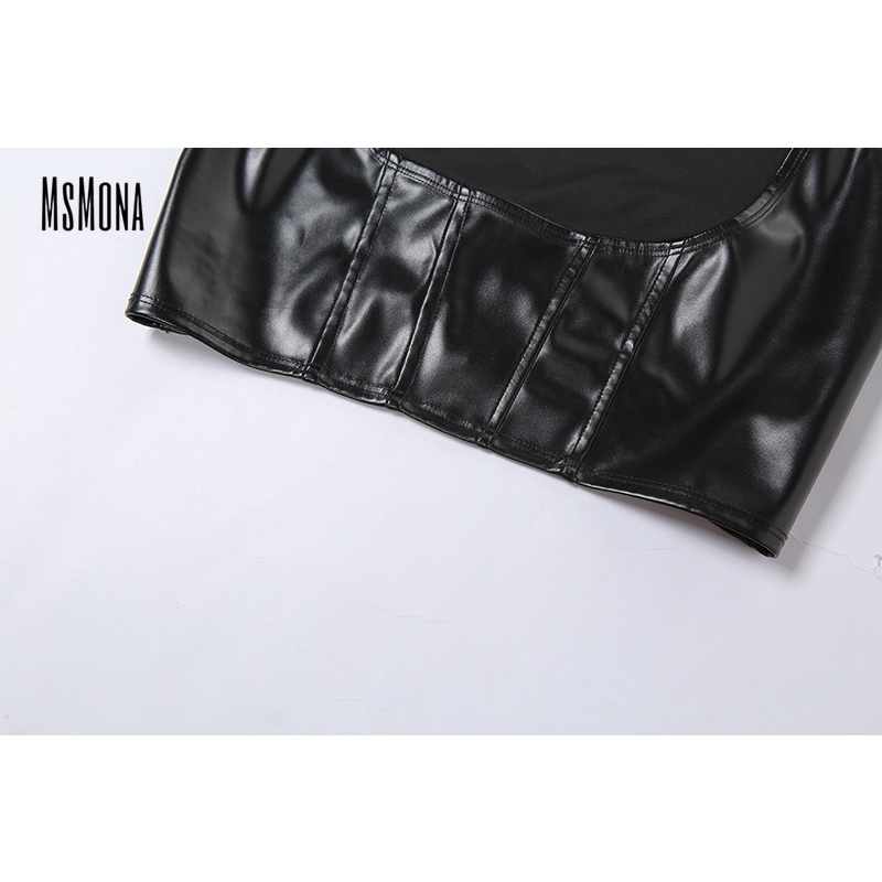 Mocona Áo tank top Bằng Da Màu Trơn Hở Lưng Phối Khóa Kéo Gợi Cảm Cho Nữ