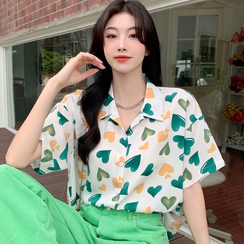 Áo Sơ Mi chiffon Tay Ngắn In Họa Tiết Trái Tim Thời Trang Mùa Hè Dành Cho Nữ