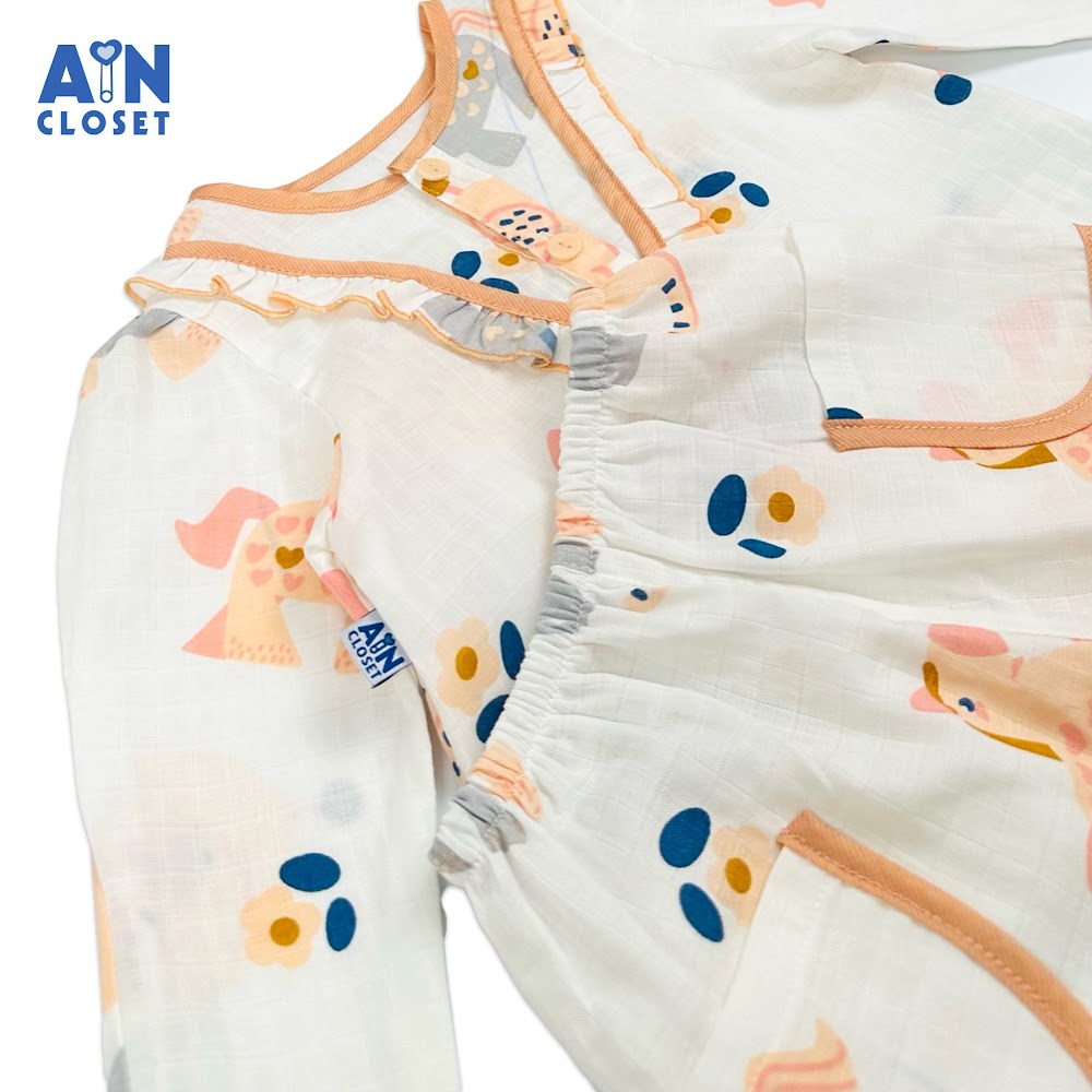 Bộ quần áo Dài bé gái họa tiết Ngựa Gỗ cam xô sợi tre - AICDBGYUZO5A - AIN Closet