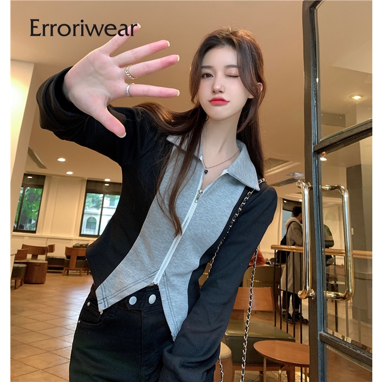 Áo cardigan ngắn Erroriwear tay dài màu tương phản thời trang 2023 cho nữ