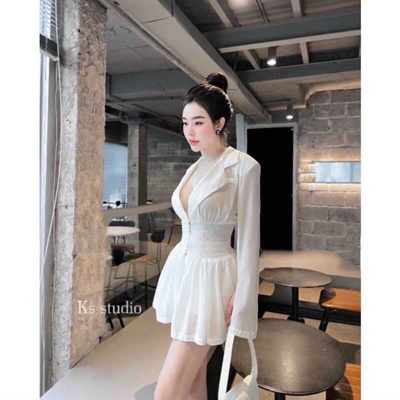 Váy sơ mi cổ vest chun eo