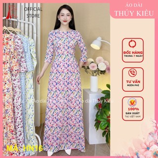 HN16 Áo dài truyền thống hàng may sẵn vải lụa Nhật hoa nhí hồng cổ tròn tay lỡ áo dài Thuý Kiều giá rẻ đẹp ảnh thật