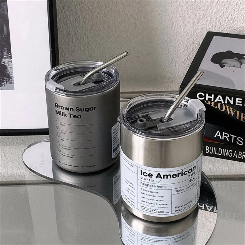 Cốc Cà Phê Bằng Thép Không Gỉ Giá Trị Cao / Cốc Giữ Nhiệt Hai Lớp Kèm Ống Hút Sáng Tạo Mùa Hè