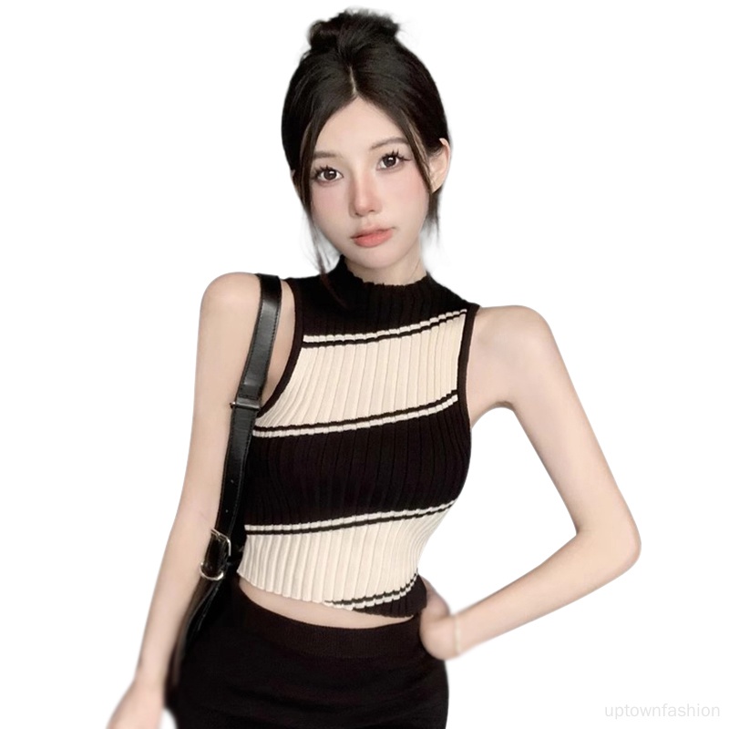 Áo Croptop Không Tay Kẻ Sọc Màu Tương Phản Thời Trang Mùa Hè Hàn Quốc Cho Nữ