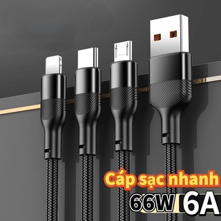 Cáp sạc nhanh 6a 66w type c/micro/ios usb 0.25m/1m/2m/3m cho điện thoại android
