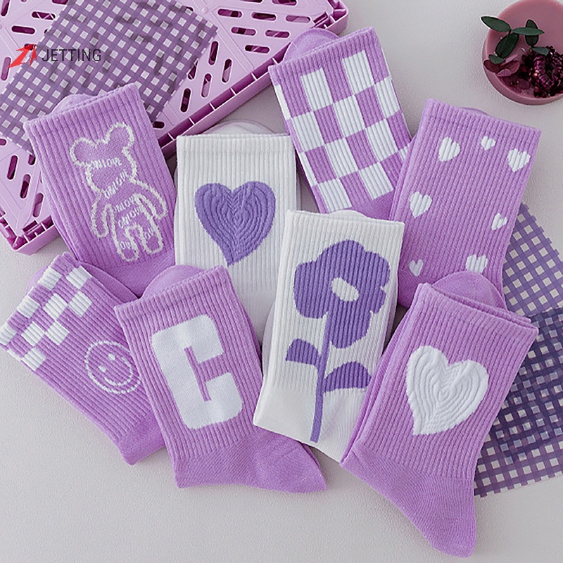 Vớ Thể Thao cotton Màu Tím In Họa Tiết Trái Tim Chữ Cái Và Chú Gấu Thời Trang Thu Đông Cho Nữ